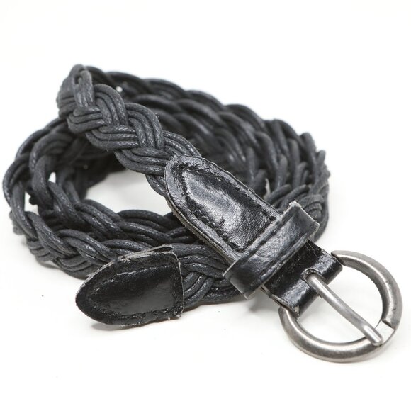Vintage Black Braided Skinny Belt Adjustable Faux Leather Accent Boho Chic - Picture 8 of 8